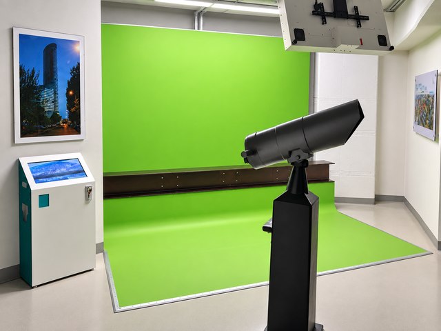 Green-screen photo room — camera view