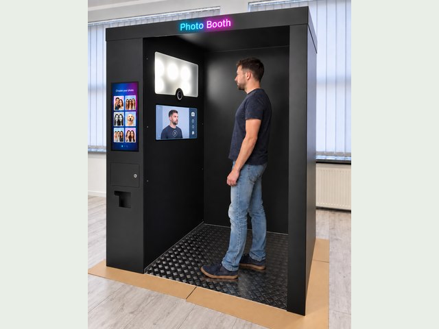Black photo cabin — in use